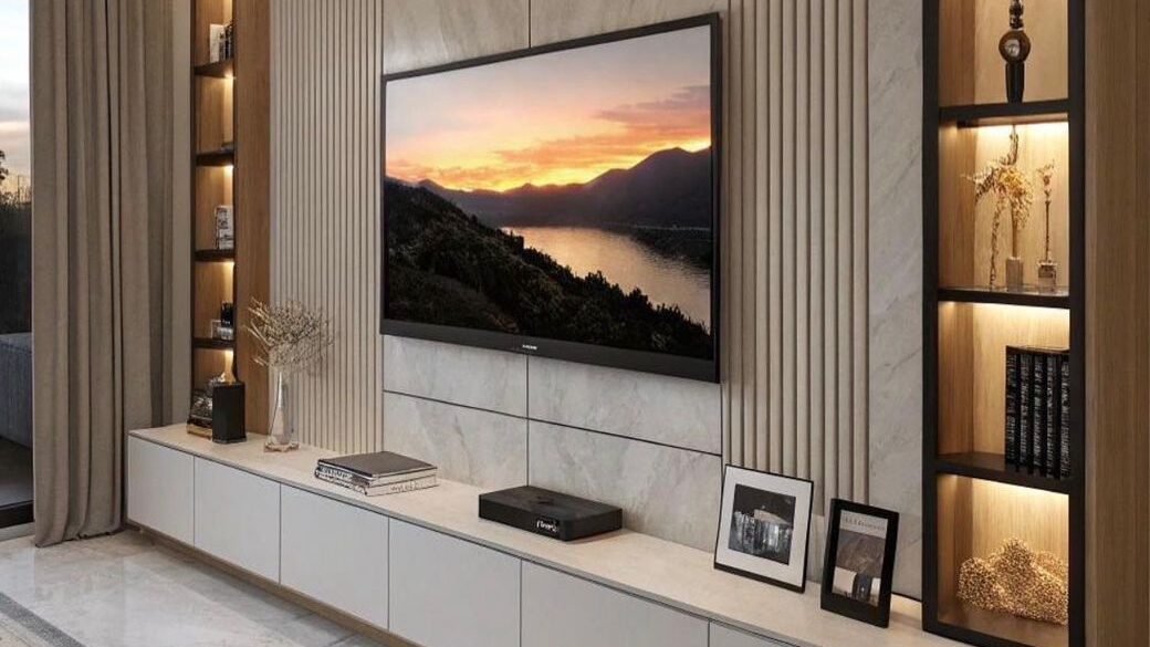 Luxury contemporary television wall unit and media console.